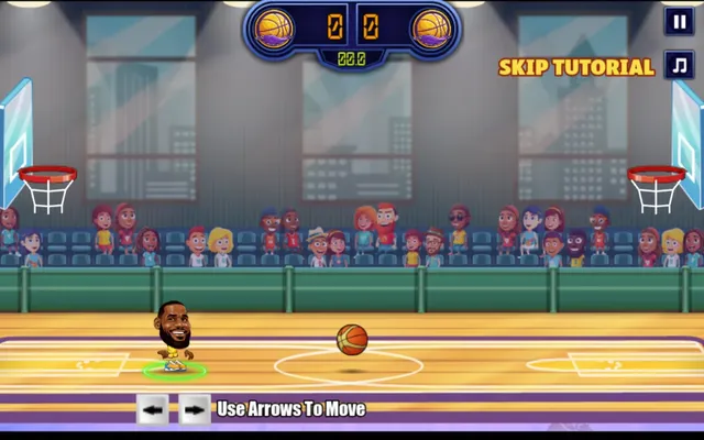 A Basketball Stars match on the half court with the shot clock and score above the hoops