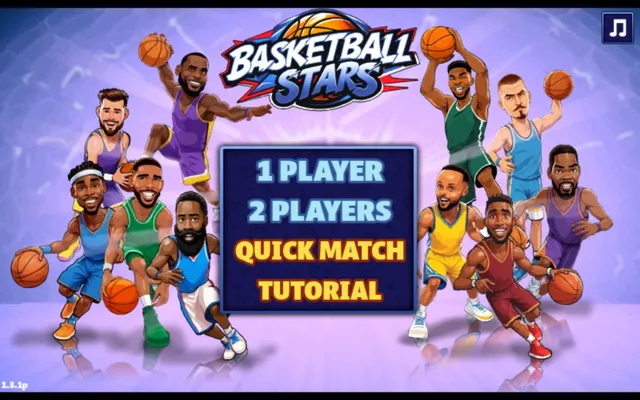 The Basketball Stars main menu: 1 Player, 2 Players, Quick Match and Tutorial over a line-up of caricatured pros